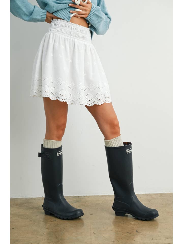 WHITE Eyelet Ruffle Smocked Skirt - BMS7764 for wholesale on Faire3