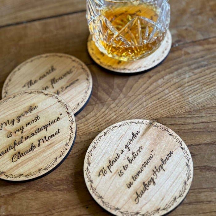 Garden Wisdom Coasters | American Maple + Green Gingham Ribbon | Set of 4 for wholesale by Celtic Farm LLC