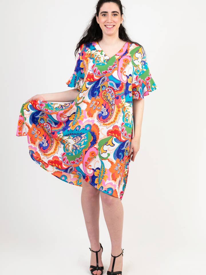 Plus size white printed A-line dress (C6539) for wholesale by Pomme Rouge Paris