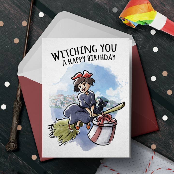 Aaron Millard Illustration - Wholesale Birthday Card - "Witching You" Young Witch Broom Anime Birthday Card