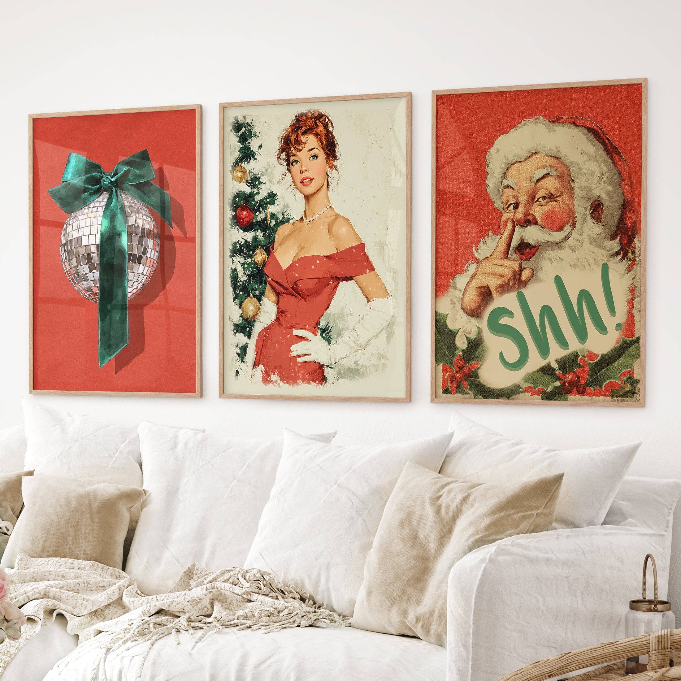 PrintSets.com - Wholesale Gallery Wall Set - Retro Holiday 3 Piece Wall Art: Santa, Pin-Up Girl, Disco Ball2