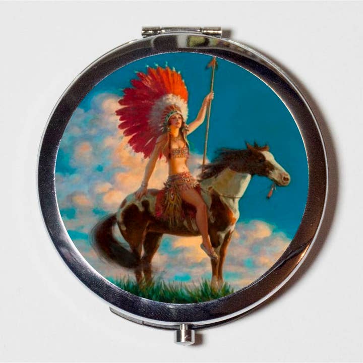 Art Deco Native American Compact Mirror - Horse Indian Roaring 20s Jazz Age Flapper - Make Up Pocket Mirror for Cosmetics for wholesale by FringePop