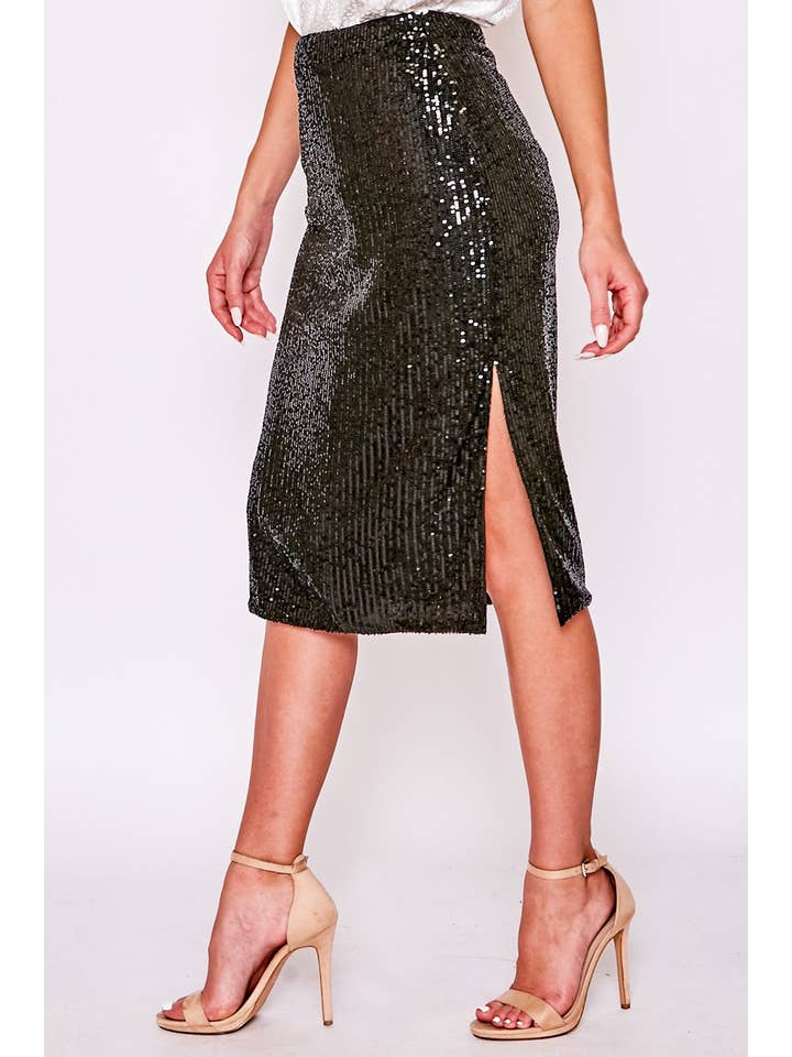 Vine & Love - Wholesale Skirt โ Womenโs - High-Waist Sequin Midi Skirt With Side Slit VS6010224