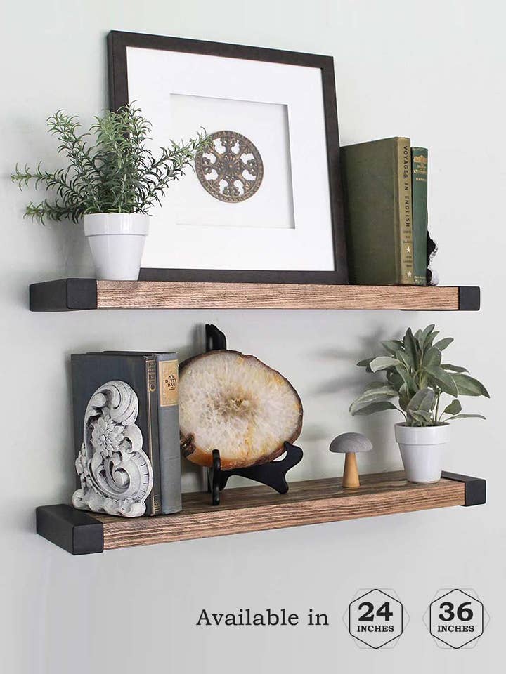 The Bella - Floating Shelves, Wall Mounted, Modern Rustic All Wood Wall Shelves, Set of 2 for Bedroom, Bathroom, Family Room, Kitchen with Decorative Iron End Cap - 24 x 6 x 1.5 in for wholesale by Willow and Grace Designs Inc