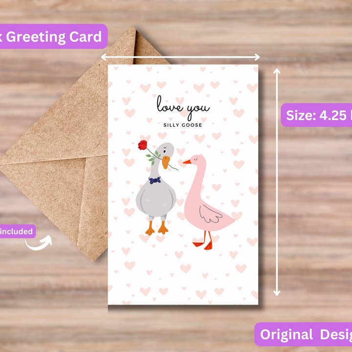 Love You Silly Goose Romantic Greeting Card, Valentines Day, For Her, For Him, Gift, Anniversary, Holiday, Rose, Heart, Blank Card,Valentine for wholesale by All for Iris