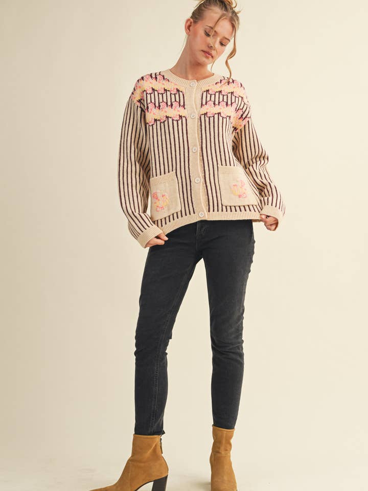 &MERCI - Wholesale Cardigan - Women's - STRIPED FLORAL SWEATER CARDIGAN MSW110582