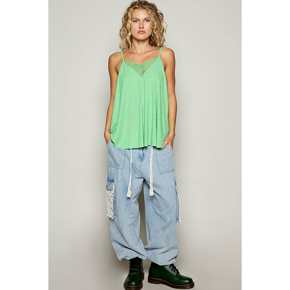 Pol Clothing - Wholesale Tank Top - Women's - Vintage washed v-neck sleeveless lace tank top SALE4