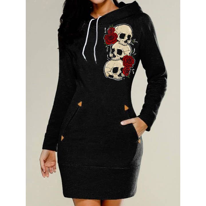 Three Skulls Print Long Sleeve Hooded Sweatshirt Dress for wholesale by Tourtiwi