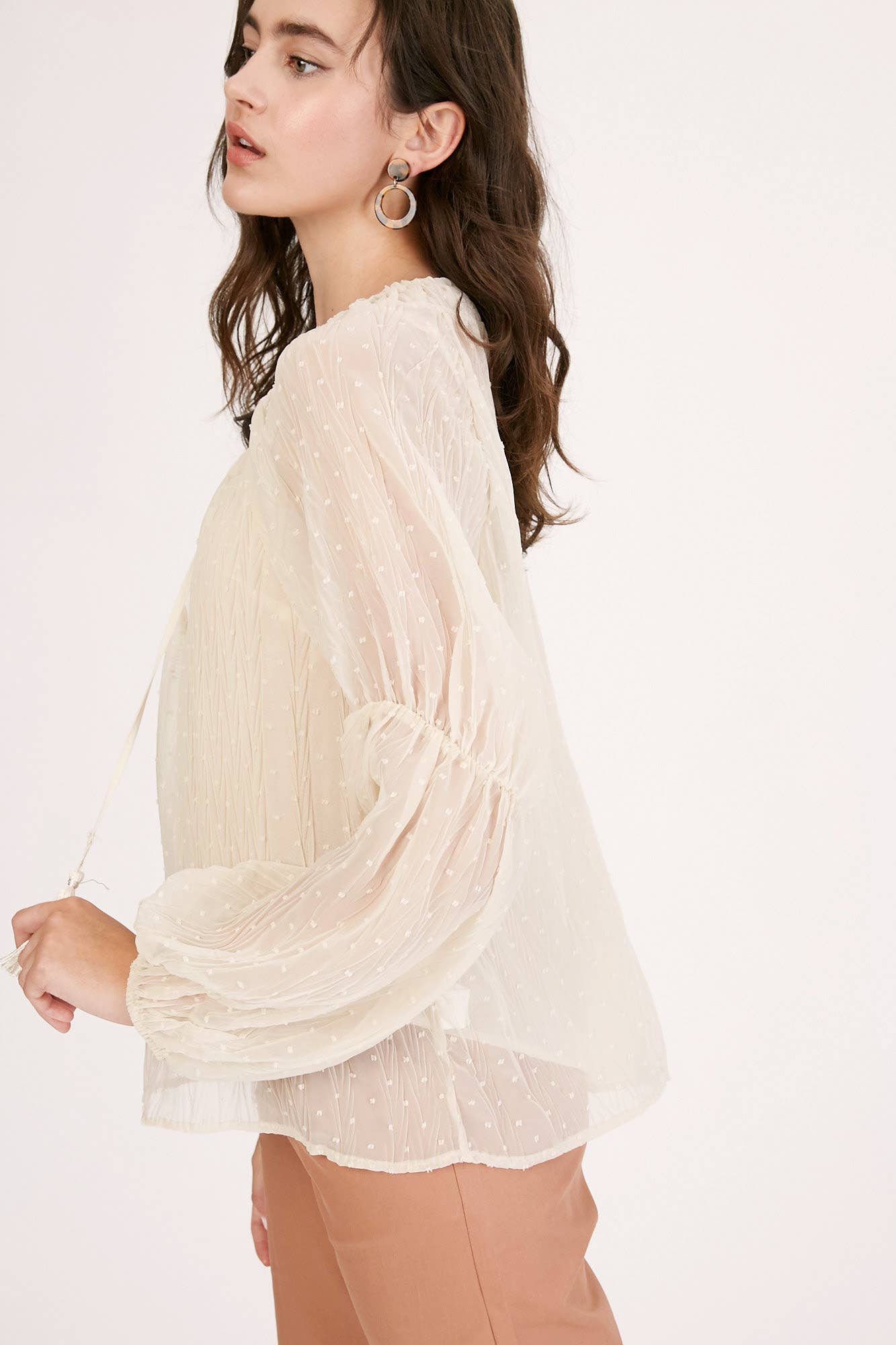 Champagne Swiss Dot Tassel Tie Blouse LT1016 for wholesale on Faire8