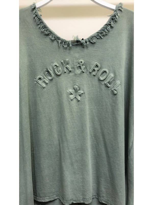 VENTI6 - Wholesale T-Shirt - Women's - EMBOSSED FRINGE NECKLINE SHORT SLEEVE TOP (Z760B-ROCK&ROLL)5