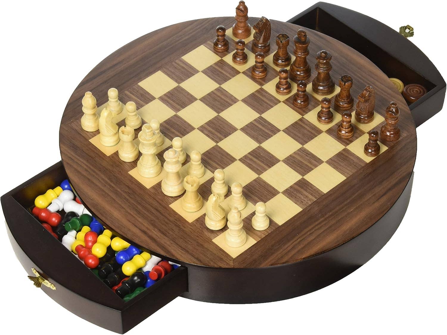Hansen Game Gift & Toy Company - Wholesale Board Game - Walnut Round 3 in 1- Reversible - Chess and Chinese Checkers1