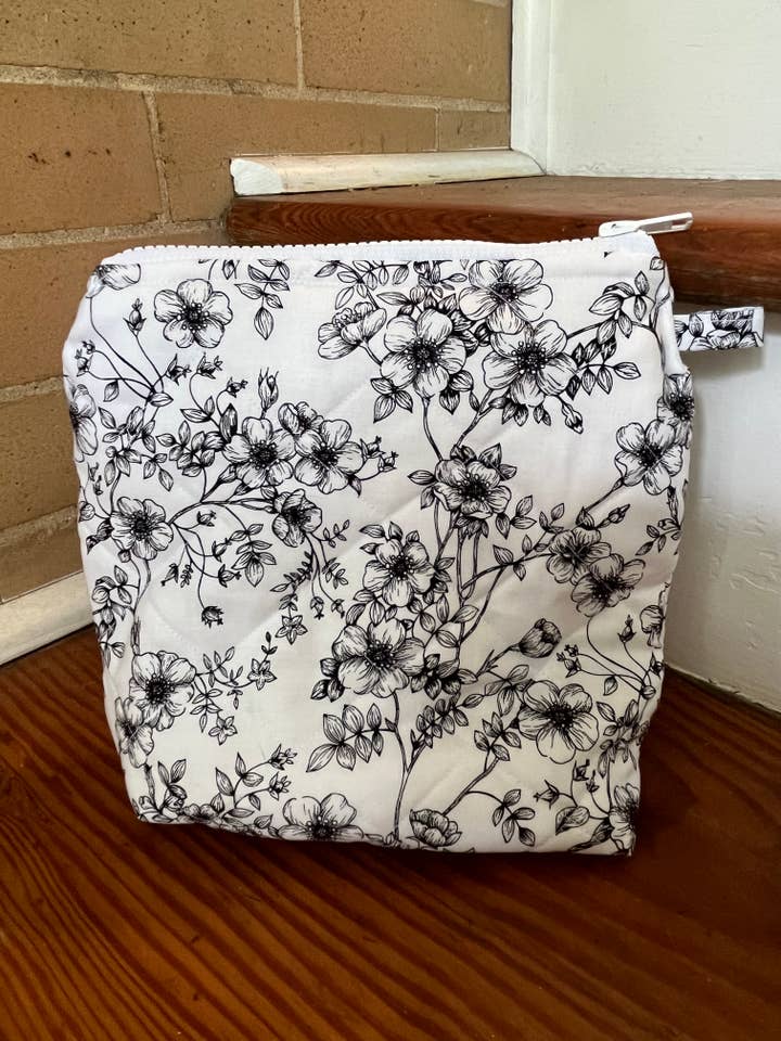 black floral quilted pouch, quilted makeup bag for wholesale by Works of Rylee