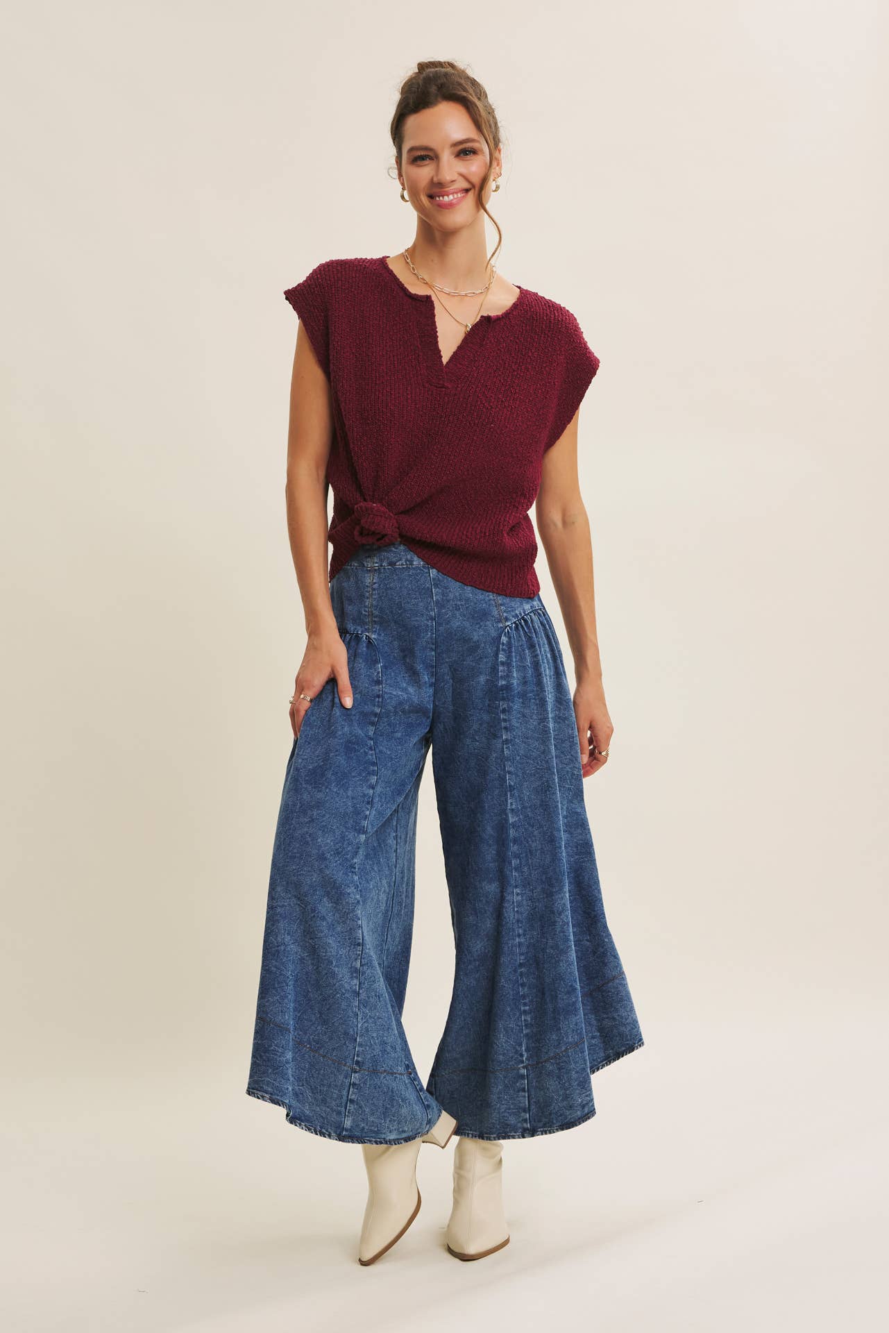 in february - Wholesale Knit Sweater - Women's - RELAXED FIT SLUB KNIT SWEATER TOP WITH SPLIT NECK46