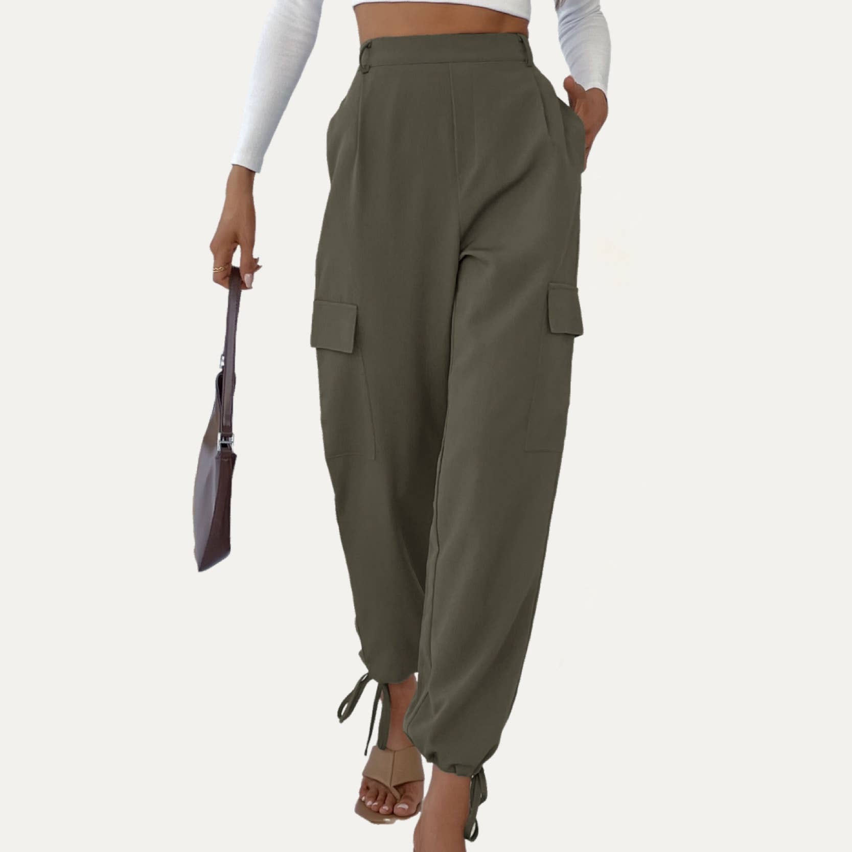 Dark Olive Casual High Waisted Pockets On Tie-Hem Jogger Pants for wholesale on Faire2