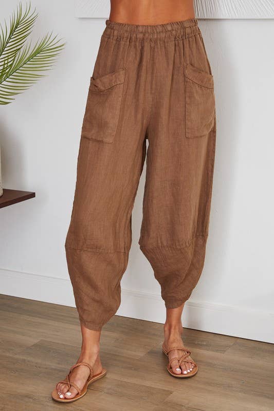 VENTI6 - Vendita all'ingrosso Pantalone - Donna - PANTALONI HAREM IN LINO CON VITA ELASTICA E ORLO CURVO (4468)9