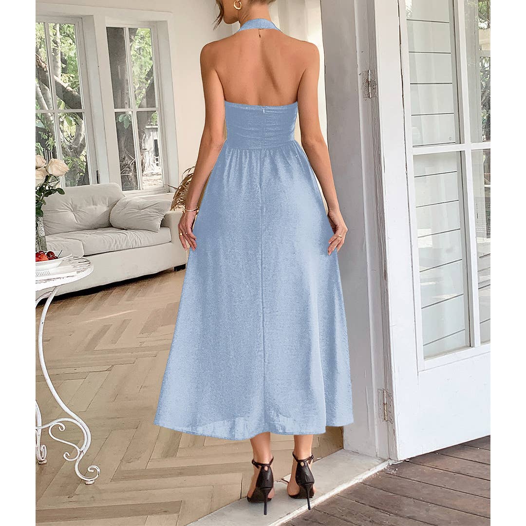 UNISHE - Wholesale Dress - Women's - Vacation Style Halter Neck Waist-Tie Maxi Dress DY3725