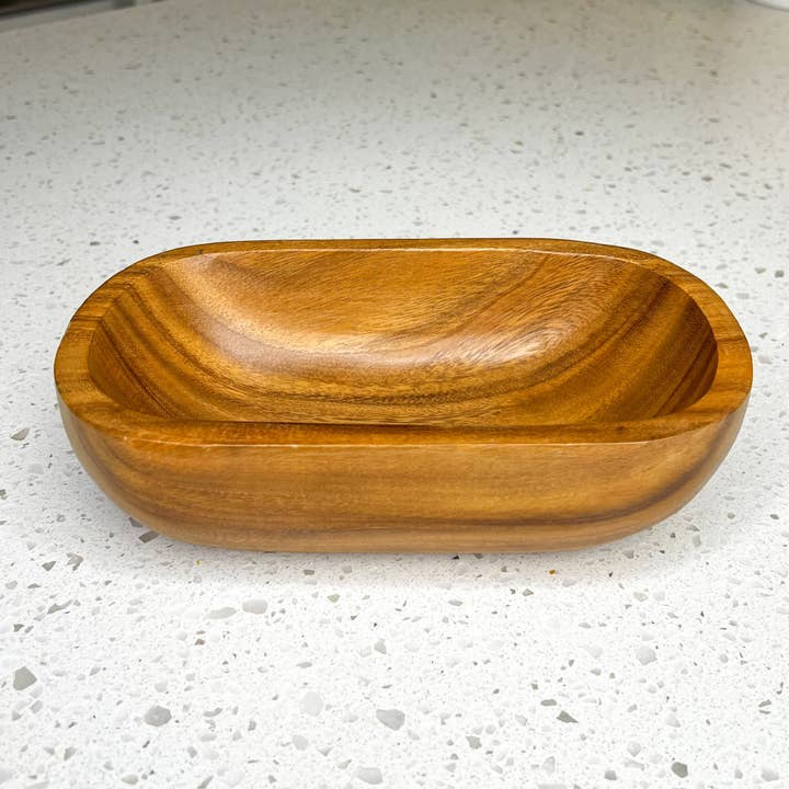 Small Oval BOHO Acacia Wood Candle Bowl - 3 Wick Bowl for wholesale by Marmeez
