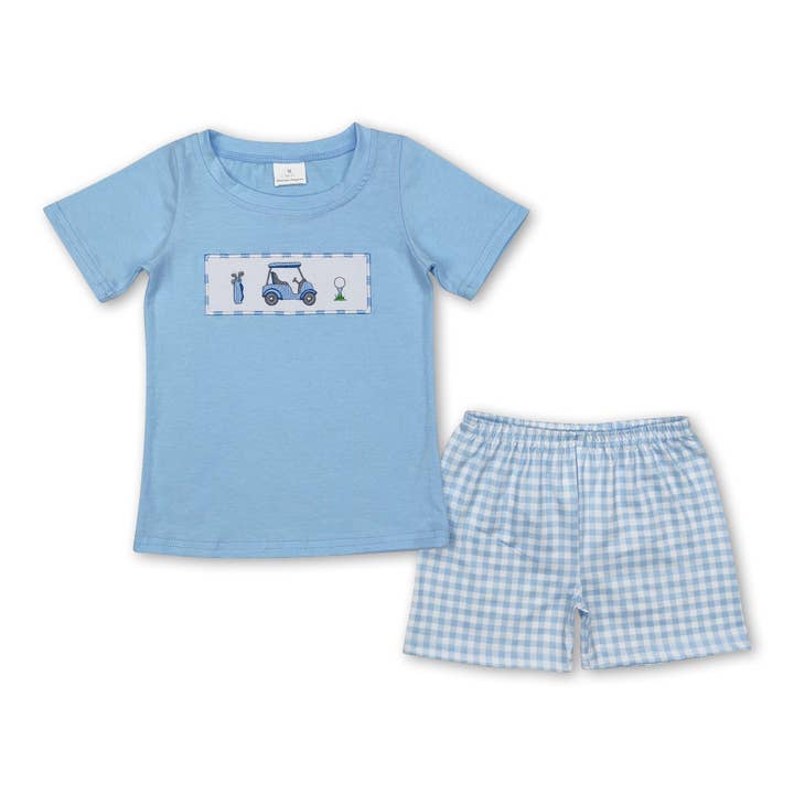 Light blue golf top plaid shorts kids boys clothing for wholesale by Yawoo Garments