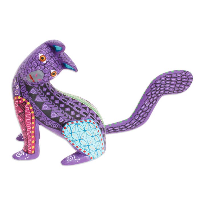 NOVICA - Wholesale Decorative Figurine - Curious Cat In Purple Wood Alebrije Figurine