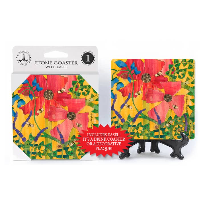 SJT Enterprises, Inc. - Venta al por mayor Posavasos - 2 flores rojas grandes, abejas volando alrededor, fondo amarillo