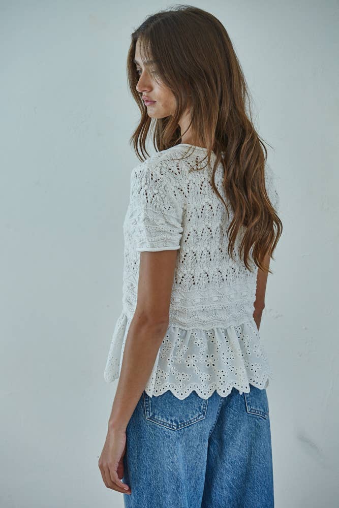 Ivory W2407 | Knit Sweater Round Neck Short Sleeve Button Down Top for wholesale on Faire2