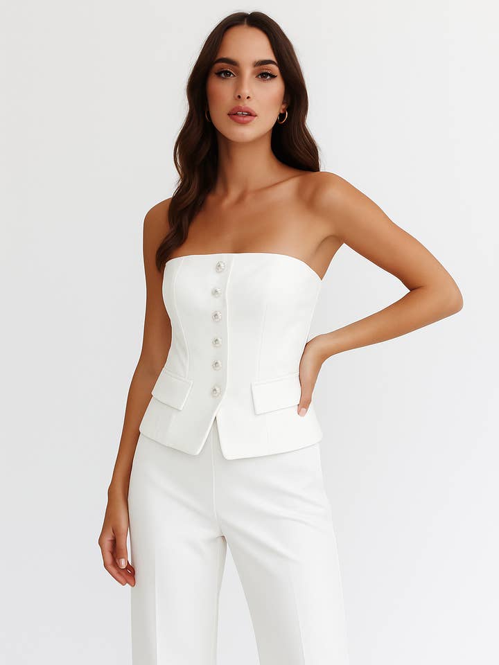 Strapless Tailored Jumpsuit with Embellished Buttons for wholesale by Endless Blu