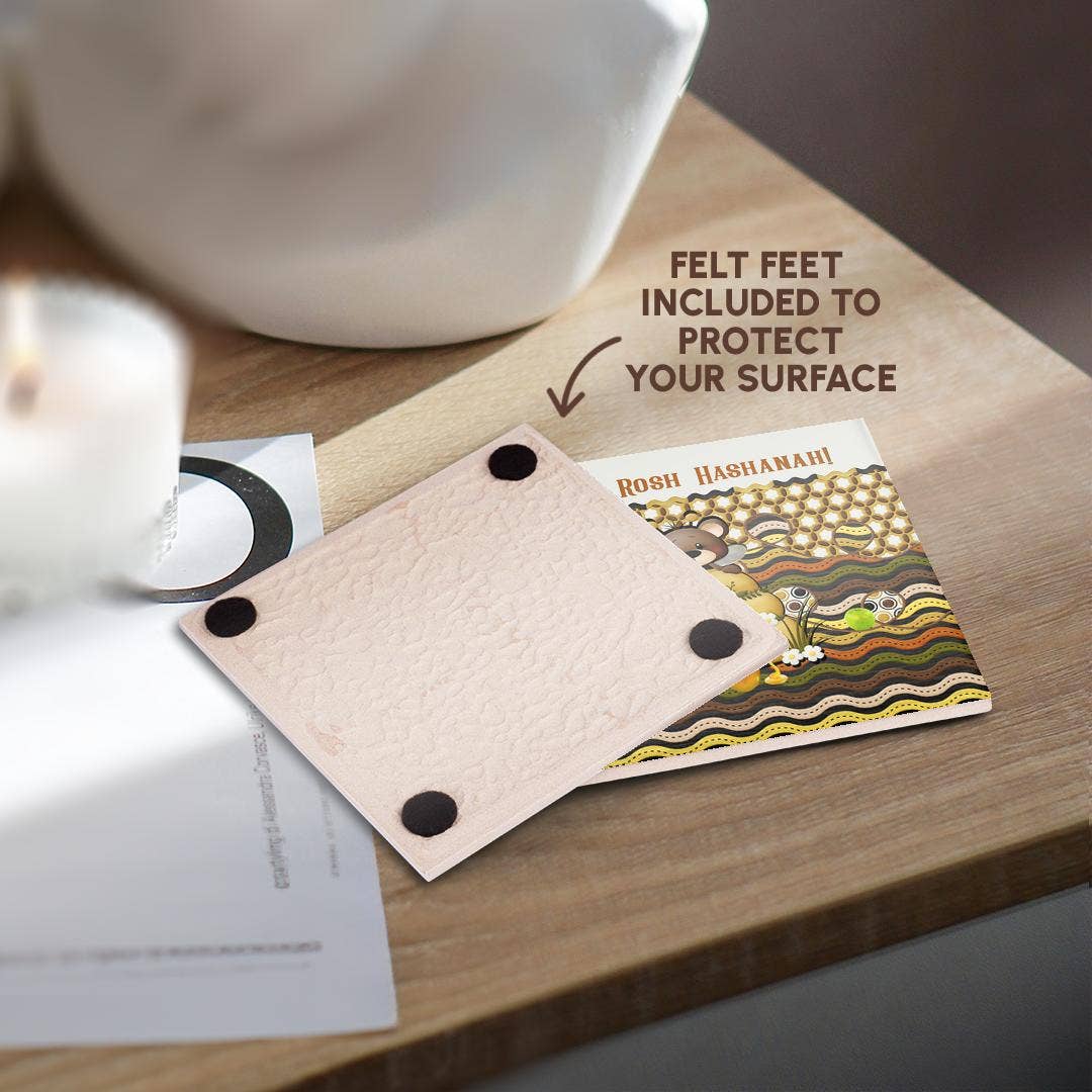 3dRose - Vente Sous-verre - 3dRose, Image d'un ours abeille de Rosh Hashanah, nid d'abeilles, pommes, pot et ruche, dessous de verre3