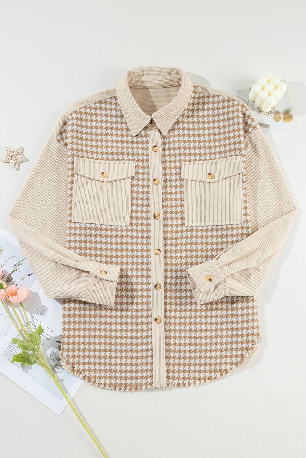 Babs + Birdie - Wholesale Shirt Jacket/Shacket - Women's - Vivi | Houndstooth Corduroy Patchwork Flap Pocket Shacket0