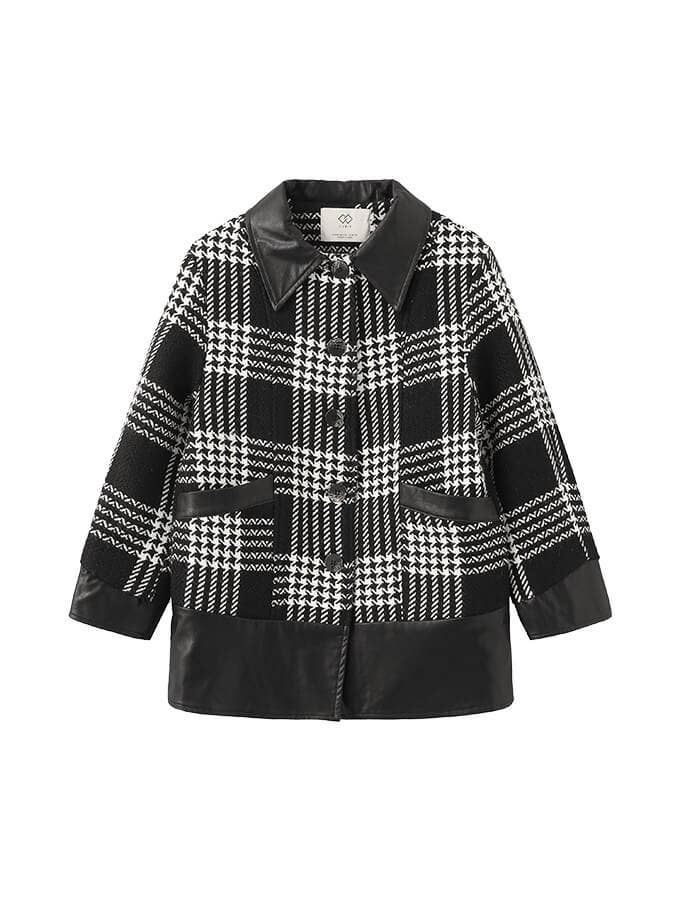 Black PU and Plaid Wool Casual Coat for wholesale on Faire0