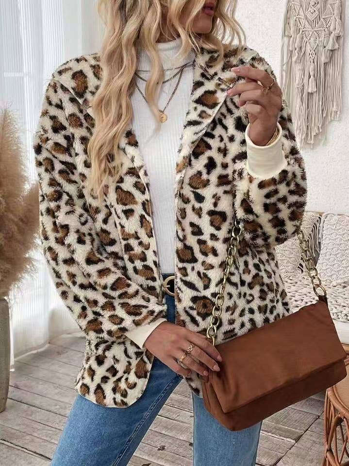 White Leopard Print Casual Zip Pullover Plush Jacket for wholesale on Faire2
