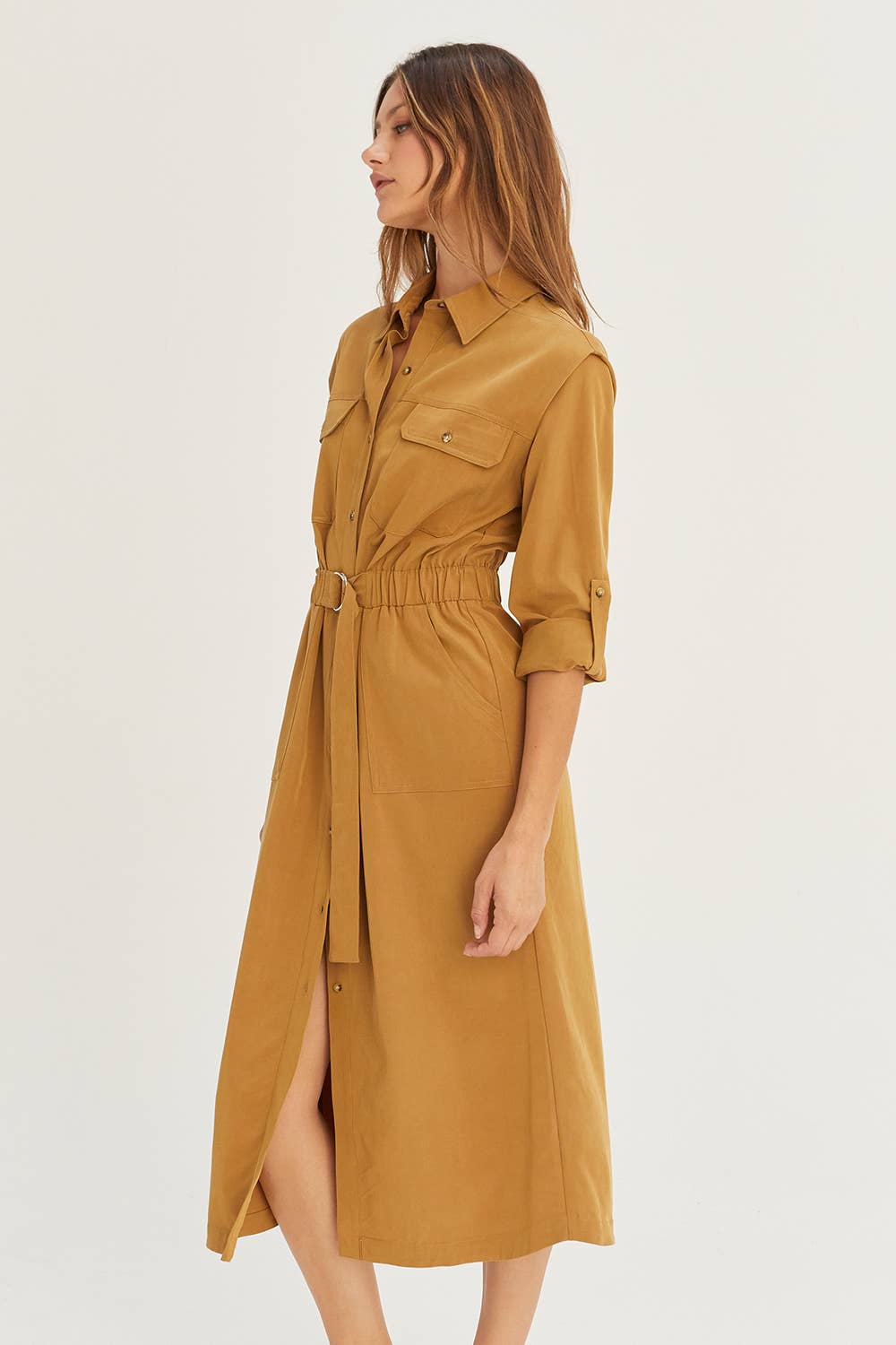 TAN CD8031 - Kayla Button Up Utility Midi Dress for wholesale on Faire8