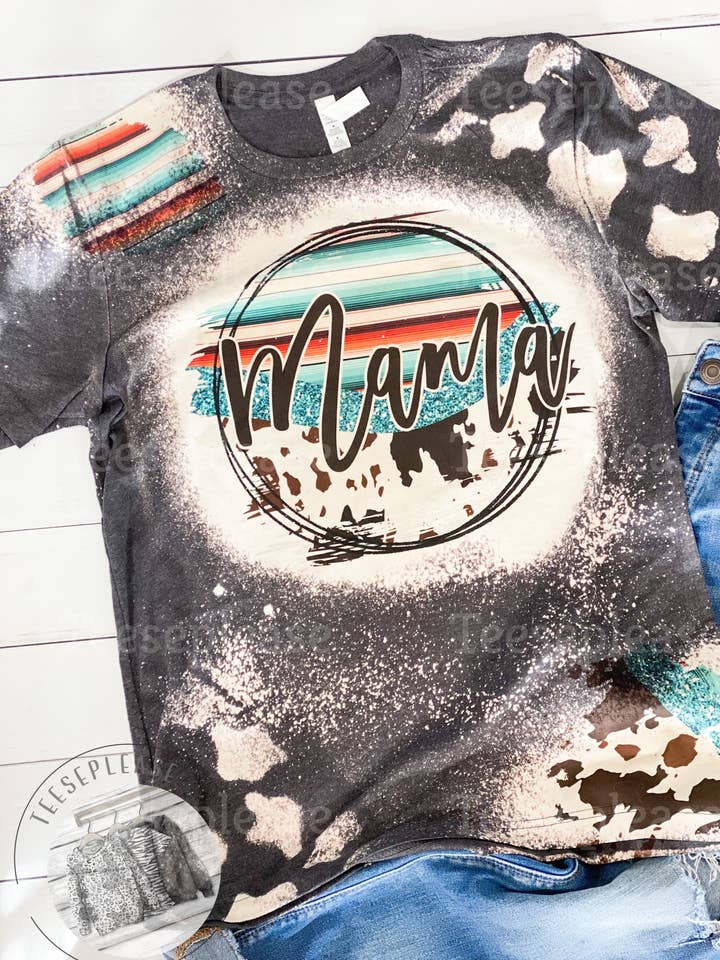 Serape Cowhide Acid Wash Turquoise Sleeve Bleached Tshirt for wholesale by Teeseplease