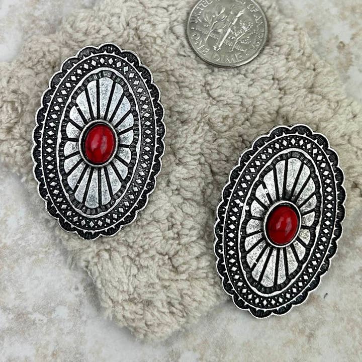 Silver Oval Concho Stud Earrings with Red Stone for wholesale by Western Elite Jewelry