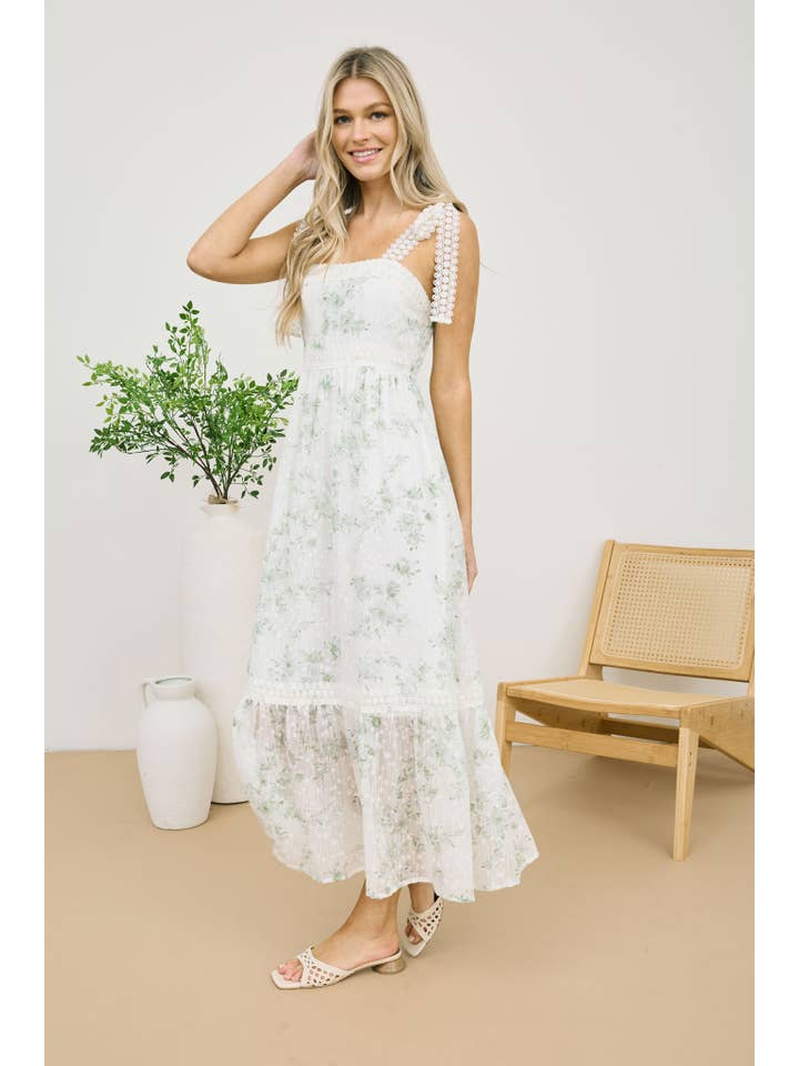 MINE - Wholesale Dress - Women's - POLKA DOT FLORAL EYELET LACE TRIM MIDI DRESS
