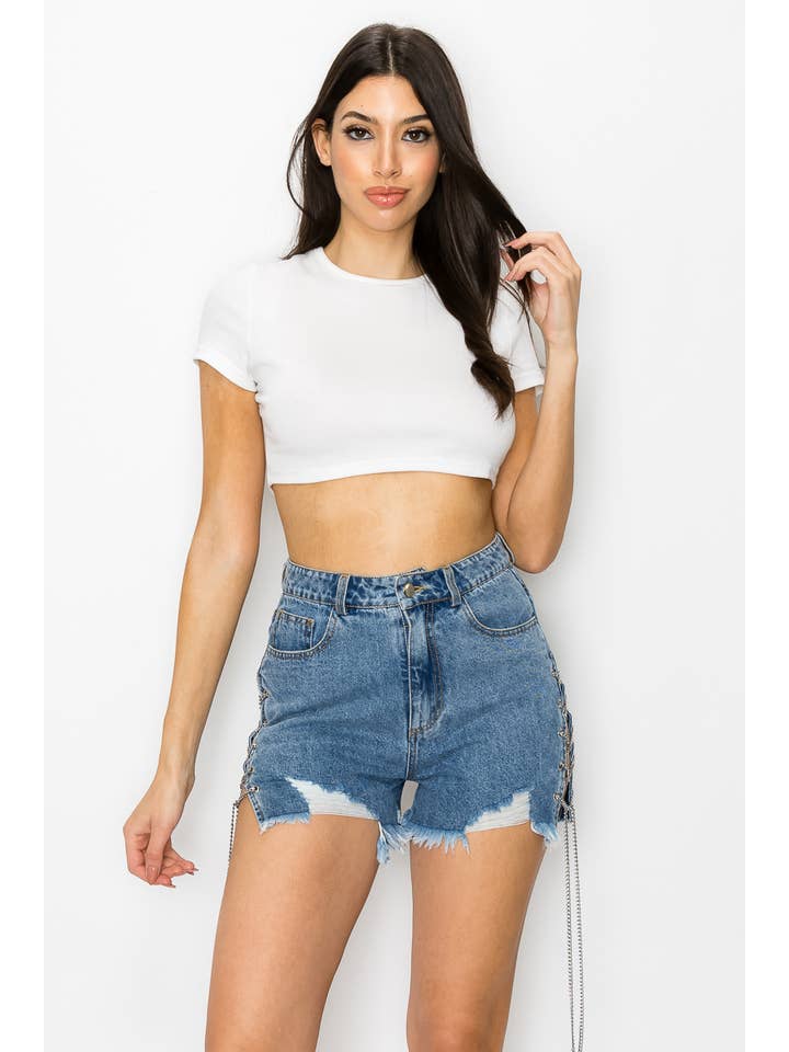 Med Medium Denim Distraherede denimshorts med sidekæde og snørebånd for engroshandel på Faire