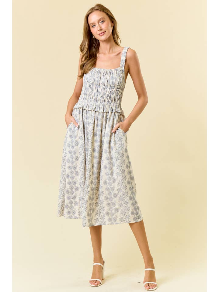 NAVY Linen Blend Square Neck Midi Dress W/ Side Pocket - 27945D for wholesale on Faire