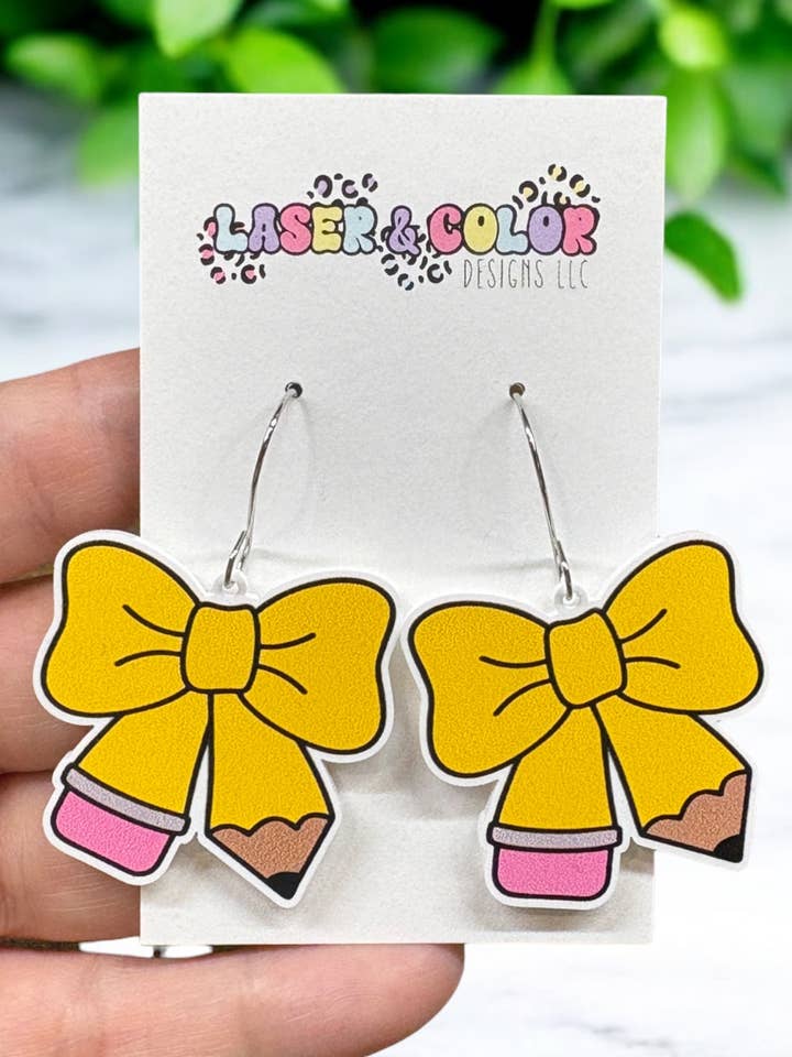Teacher Earrings, Pencil Earrings, Pencil Bow Earrings for wholesale by Laser & Color Designs LLC