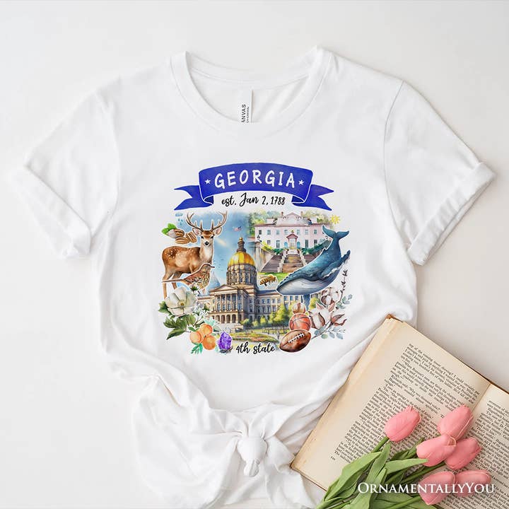White Artistic Georgia State Themes and Landmarks T-Shirt for wholesale on Faire