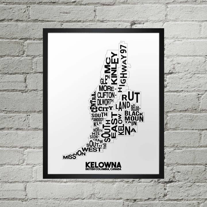 Kelowna BC Neighbourhood Typography City Map Print for wholesale by Damon D Chan