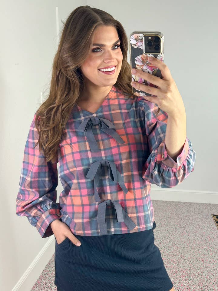 Betty Bow Top- Patterned In Plaid for wholesale by Jess Lea
