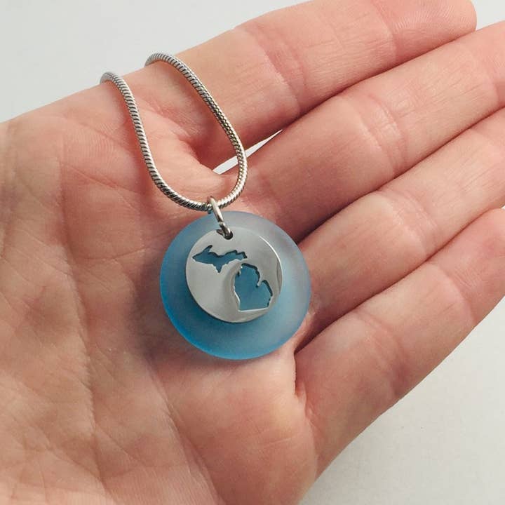 Be Inspired UP - Wholesale Pendant/Charm Necklace - Michigan Cutout Beach Glass Pendant2