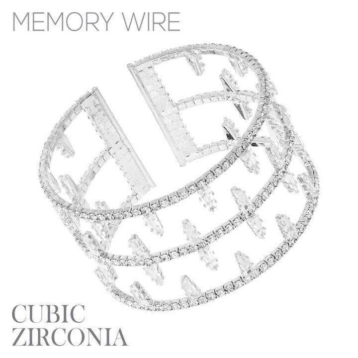84090 - Silver Memory Wire Rhinestone CZ Open Bracelet for wholesale by Western Fashion