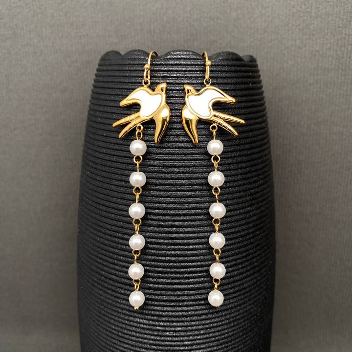 Pärlfrans Svala 18K Guld S.Stål Dinglande Örhängen -FGS för wholesale av Mio Queena