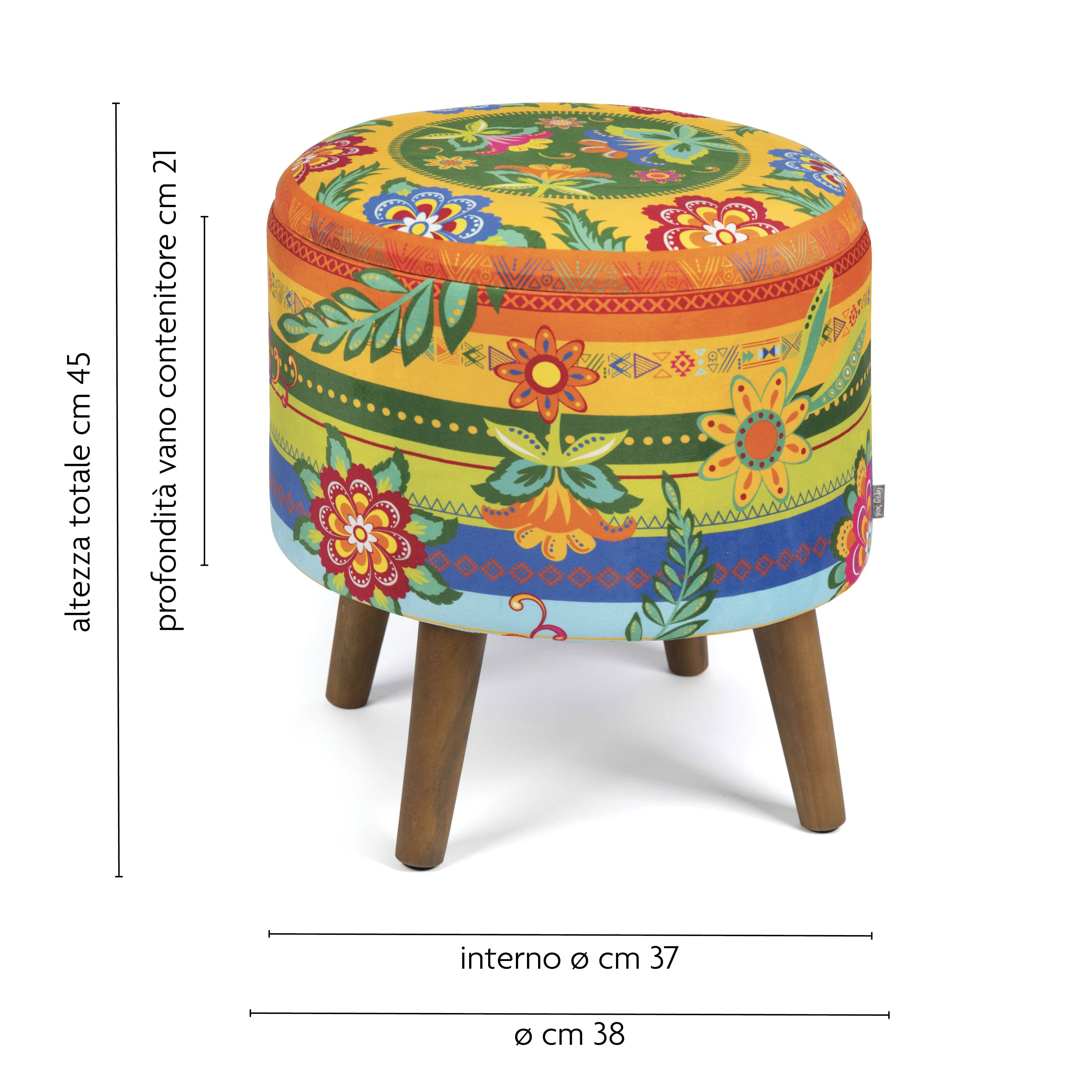 Bergamaschi & Vimercati S.p.a. – Pufe por atacado – Puffe com arrumação Gipsy Soul Excelsa em veludo e madeira 38x38x45 cm – Estampa floral boho multicolorida1