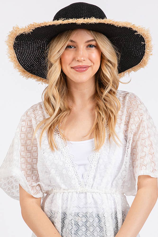 Hana - Vendita all'ingrosso Cappello di paglia - Donna - Cappello Estivo di Paglia a Tesa Larga Bicolore con Bordo Sfilacciato10