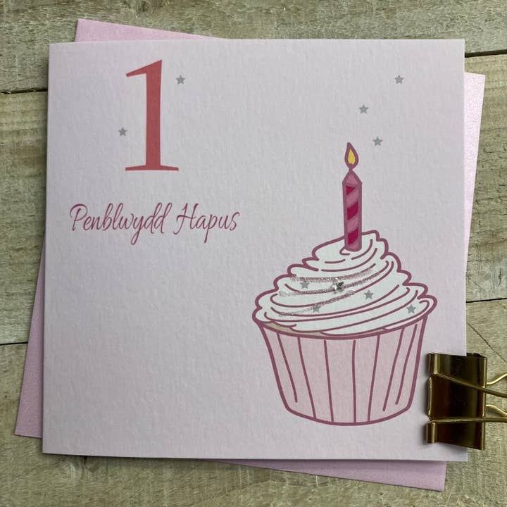 Welsh - Age 1 Pink Cupcake Card (W-G128) for wholesale by White Cotton Cards