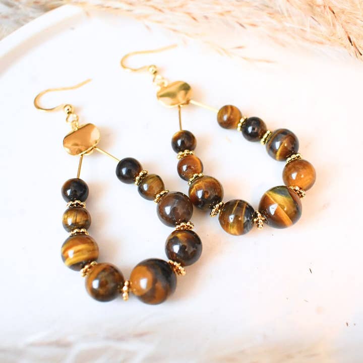 Pendiente de piedra ojo de tigre - acero inoxidable para venta al por mayor de Minéralissime