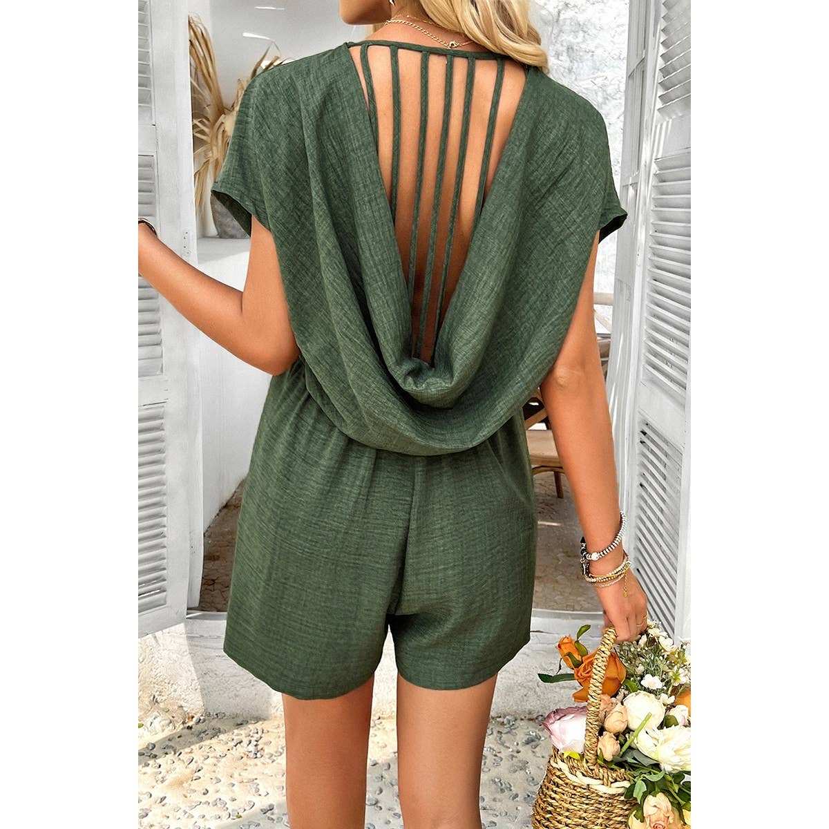 Elings – Großhandel Romper – Damen – Solider Tiefer V-Ausschnitt Drop-Shoulder-Loser Jumpsuit mit Taschen9
