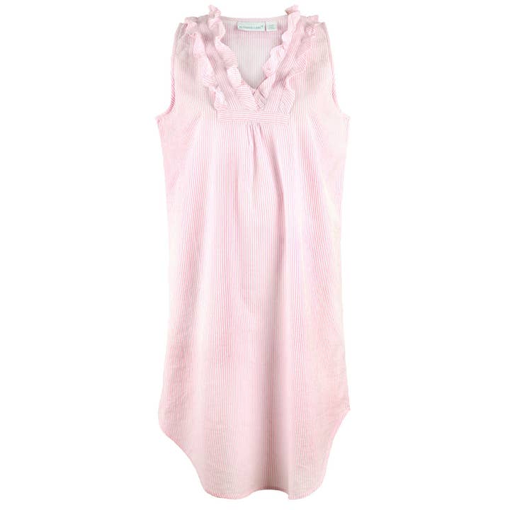 Pink Seersucker ~ Sleeveless Ruffled Nightgown for wholesale by Needham Lane