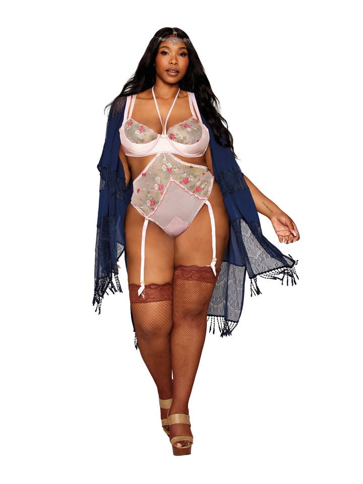 Dreamgirl International - Wholesale Lingerie Set - Women's - Dreamgirl Plus Size Vintage Rose Embroidery Bra and Open Cup Teddy Set